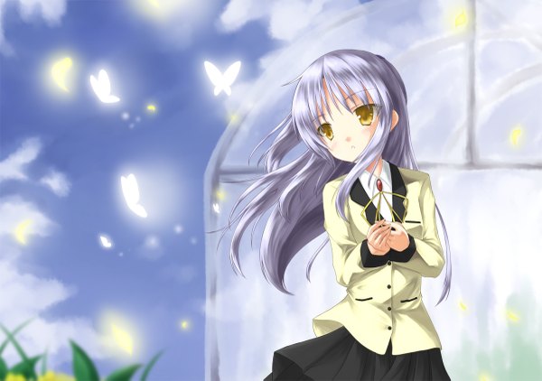 Anime picture 1200x845 with angel beats! key (studio) tachibana kanade sakura yuuya single long hair yellow eyes grey hair girl uniform school uniform serafuku insect butterfly