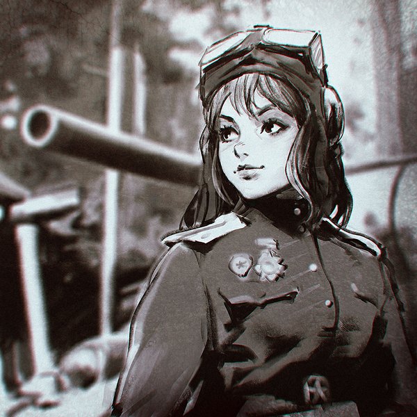 Anime picture 900x900 with original ilya kuvshinov single fringe short hair smile looking away monochrome portrait close-up goggles on head girl uniform belt military uniform ground vehicle goggles tank medal