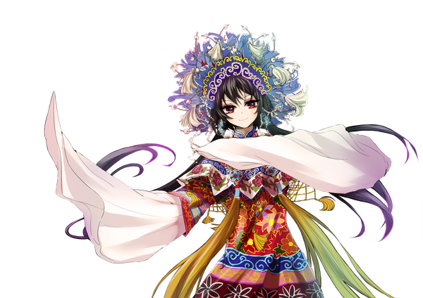 Anime picture 3516x2486 with vocaloid vocaloid china luo tianyi onceskylark single long hair looking at viewer blush highres black hair smile purple eyes twintails absurdres traditional clothes japanese clothes transparent background girl hair ornament flower (flowers)