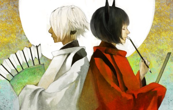 Anime picture 1260x800 with hari mono short hair black hair animal ears white hair eyes closed japanese clothes dark skin back to back painting boy moon arrow (arrows)