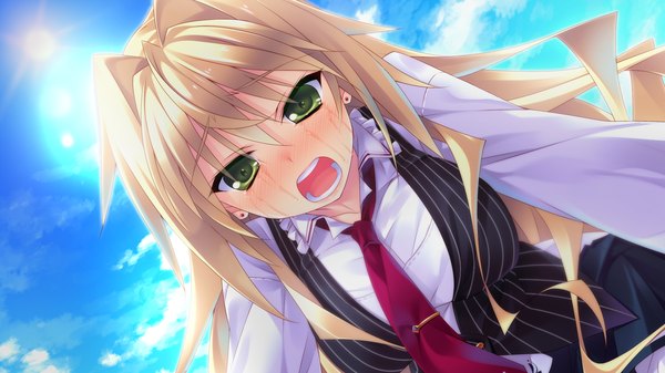 Anime picture 2048x1152 with guardian place skyfish (studio) hibarigaoka itsuki hinata mutsuki long hair blush highres open mouth blonde hair wide image green eyes game cg cloud (clouds) tears girl necktie