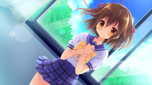 Anime picture 2048x1152 with natsu no majo no parade yugamo azuki single looking at viewer blush highres short hair smile brown hair wide image brown eyes game cg two side up girl uniform ribbon (ribbons) hair ribbon serafuku