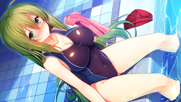 Anime picture 1280x720 with aristear remain astronauts comet ichinose anzu rozea (graphmelt) kokusan moyashi single long hair looking at viewer blush fringe breasts light erotic hair between eyes wide image large breasts sitting bare shoulders holding green eyes payot