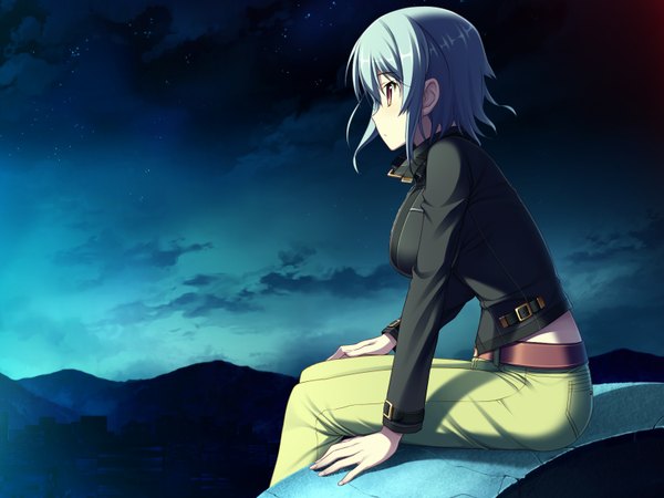 Anime picture 1600x1200 with worlds and world's end andou kasumi amakura single short hair red eyes game cg grey hair girl