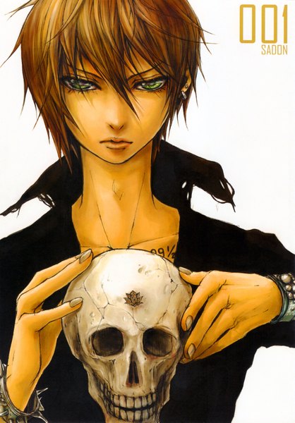 Anime picture 2433x3493 with sadon (pixiv) single tall image highres short hair simple background brown hair white background green eyes inscription tattoo piercing boy earrings shirt bracelet jewelry skull