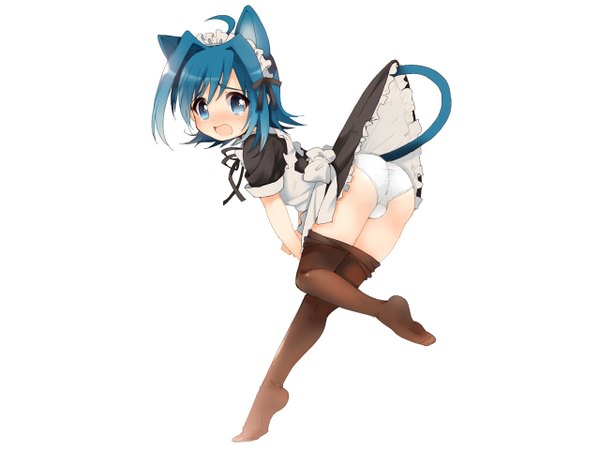 Anime picture 1280x960 with cardfight!! vanguard sendo aichi blush short hair open mouth blue eyes light erotic simple background white background animal ears blue hair cat ears maid cat girl cat tail no shoes otoko no ko girl boy underwear
