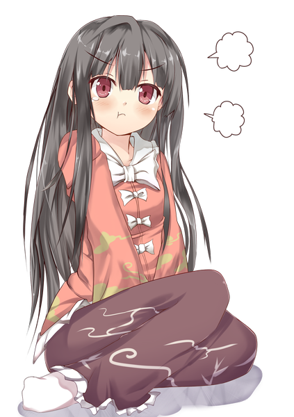 Anime picture 1748x2480 with touhou houraisan kaguya efe single long hair tall image looking at viewer blush highres black hair red eyes sitting transparent background angry :t puffy cheeks girl speech bubble