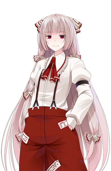 Anime picture 805x1235 with touhou fujiwara no mokou crote single long hair tall image looking at viewer smile red eyes white hair transparent background girl bow hair bow shirt