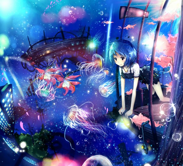 Anime picture 1100x1000 with original sharurii single blush short hair blue hair black eyes girl underwear flower (flowers) bubble (bubbles) jellyfish
