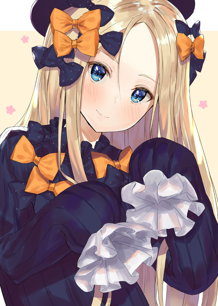 Anime picture 777x1087 with fate (series) fate/grand order abigail williams (fate) akamizuki (akmzk) single long hair tall image looking at viewer blush blue eyes blonde hair smile upper body long sleeves head tilt girl bow hair bow star (symbol)