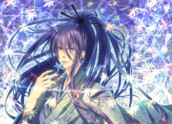 Anime picture 1500x1079 with vocaloid kamui gakupo shijuu hachi single long hair blue eyes purple hair ponytail nail polish japanese clothes fingernails long fingernails boy hair ornament leaf (leaves) hairpin (hairpins)