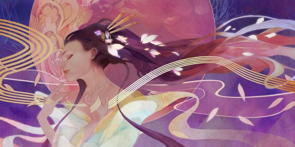 Anime picture 1200x600 with original tsuntsun (pixiv) single long hair wide image eyes closed multicolored hair hair flower wind lips girl hair ornament petals hairpin (hairpins)