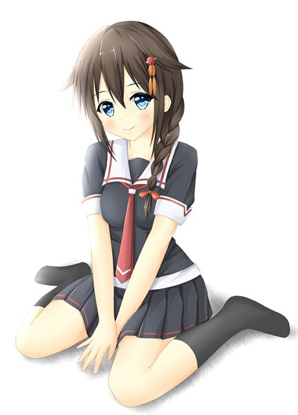 Anime picture 647x900 with kantai collection shigure destroyer tear yu single long hair tall image looking at viewer blush fringe blue eyes black hair simple background smile white background sitting wariza remodel (kantai collection) girl skirt necktie