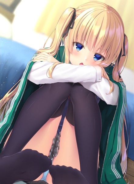 Anime picture 1704x2329 with saenai heroine no sodatekata a-1 pictures sawamura spencer eriri navy (navy.blue) single long hair tall image looking at viewer blush fringe highres open mouth blue eyes light erotic blonde hair sitting twintails pleated skirt blurry pantyshot