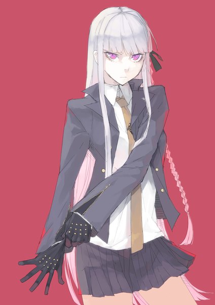 Anime picture 1240x1754 with dangan ronpa kirigiri kyouko haruba negi single long hair tall image looking at viewer fringe simple background purple eyes silver hair braid (braids) single braid red background adjusting gloves girl gloves black gloves necktie