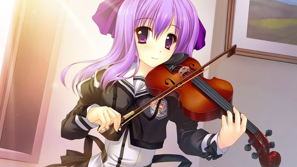 Anime picture 1280x720 with shirogane otome furumiyama hatsumi kamiya tomoe single long hair blush smile wide image purple eyes looking away game cg purple hair girl uniform hair ornament bow hair bow school uniform musical instrument violin