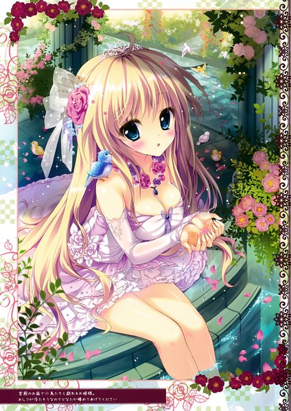 Anime picture 2475x3500 with prismatic world (artbook) shiramori yuse single long hair tall image looking at viewer blush highres blue eyes blonde hair sitting cleavage ahoge hair flower scan girl dress hair ornament flower (flowers) detached sleeves