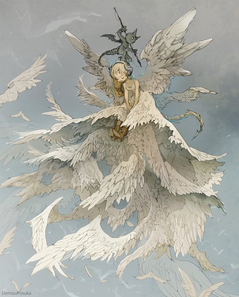 Anime picture 938x1164 with original demizu posuka single long hair tall image blonde hair smile sitting tail eyes closed horn (horns) sleeveless white wings weightlessness demon dragon tail midair multiple wings girl dress
