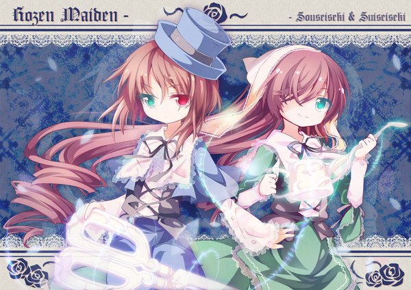 Anime picture 1695x1200 with rozen maiden suiseiseki souseiseki curtain (posuinochuanglian) long hair looking at viewer fringe short hair brown hair multiple girls hair over one eye loli copyright name character names heterochromia drill hair lolita fashion girl dress 2 girls