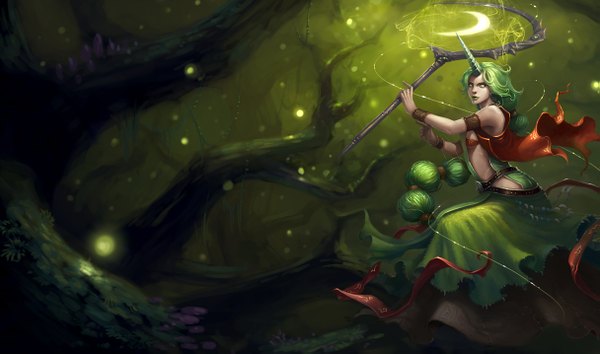 Anime picture 1215x717 with league of legends soraka (league of legends) dryad soraka long hair wide image green eyes horn (horns) green hair crescent girl dress plant (plants) tree (trees) insect butterfly forest mushroom (mushrooms)