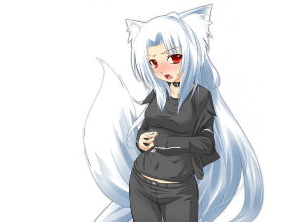 Anime picture 1024x768 with kazami karasu single long hair blush breasts open mouth simple background red eyes white background animal ears looking away white hair tail very long hair animal tail fox ears fox tail fox girl girl navel