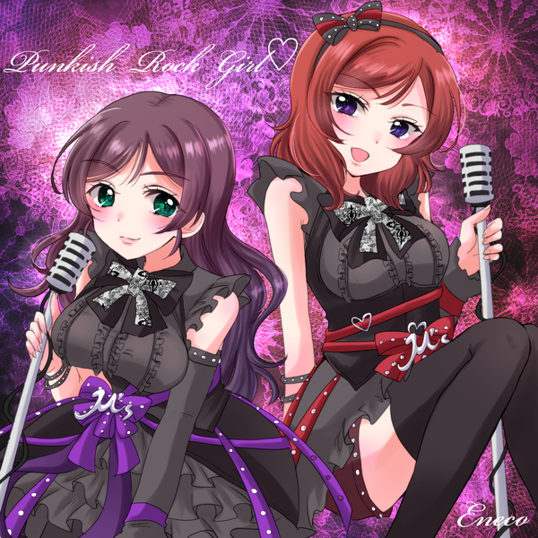 Anime picture 1300x1300 with love live! school idol project sunrise (studio) love live! nishikino maki toujou nozomi eneco long hair looking at viewer blush short hair breasts open mouth sitting purple eyes multiple girls green eyes signed purple hair red hair inscription