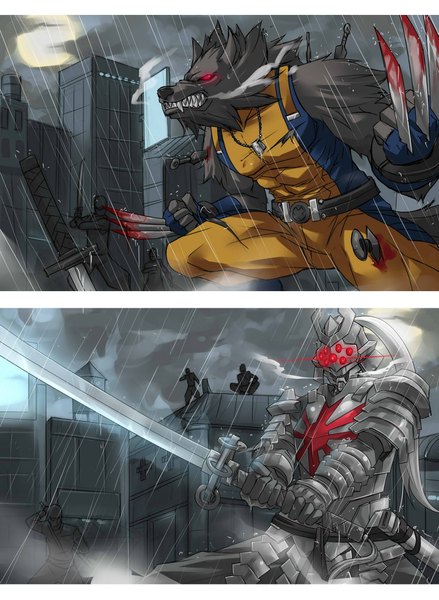 Anime picture 1587x2171 with x-men league of legends master yi (league of legends) warwick (league of legends) wolverine (character) exaxuxer tall image red eyes teeth fang (fangs) cosplay werewolf boy gloves weapon sword belt armor katana blood
