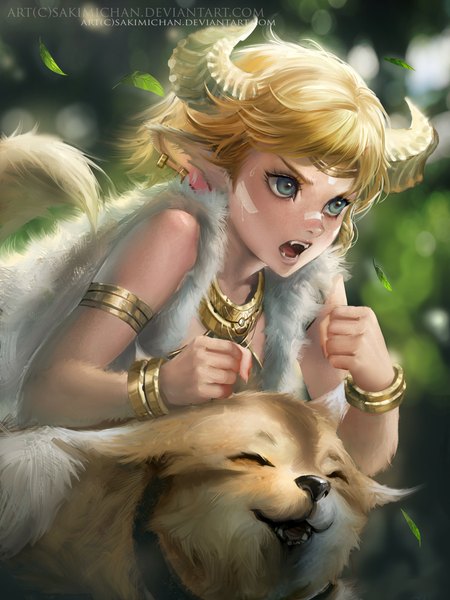 Anime picture 1500x2000 with original sakimichan single tall image short hair open mouth blue eyes blonde hair signed animal ears tail eyes closed horn (horns) pointy ears realistic teeth fang (fangs) sheep girl sheep ears girl
