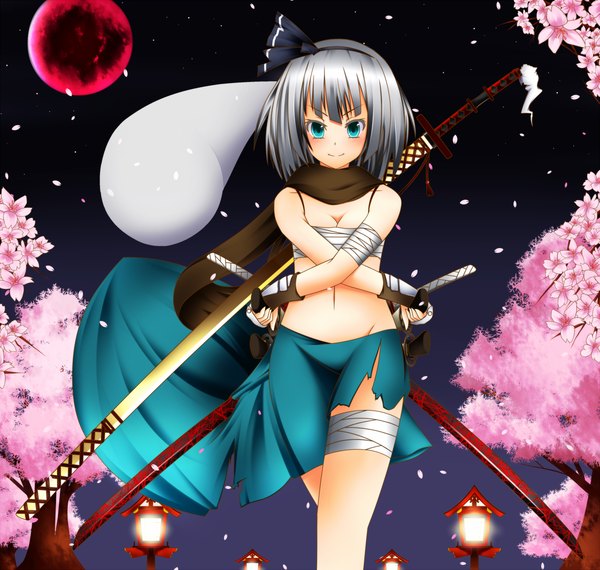 Anime picture 1776x1689 with touhou konpaku youmu lystick single blush highres short hair blue eyes smile holding grey hair night cherry blossoms ghost dual wielding red moon girl navel weapon plant (plants)