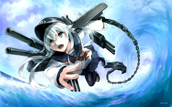Anime picture 1920x1200 with kantai collection hibiki destroyer idsuru921 single long hair highres open mouth blue eyes wide image looking away silver hair wallpaper flying girl skirt weapon miniskirt pantyhose water sea