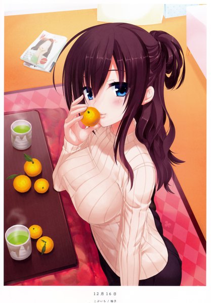 Anime picture 5236x7537 with original kobuichi single long hair tall image looking at viewer blush highres breasts blue eyes absurdres purple hair scan official art girl fruit turtleneck tangerine