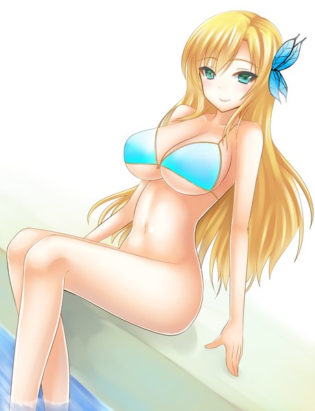 Anime picture 1300x1700 with boku wa tomodachi ga sukunai kashiwazaki sena long hair tall image looking at viewer breasts light erotic blonde hair smile sitting green eyes girl navel hair ornament swimsuit bikini butterfly hair ornament