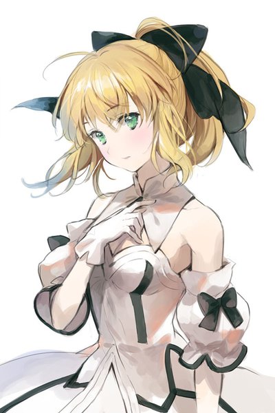 Anime picture 600x900 with fate (series) fate/stay night artoria pendragon (all) saber lily ice (ice aptx) single tall image looking at viewer blush fringe short hair breasts simple background blonde hair hair between eyes white background bare shoulders green eyes payot cleavage
