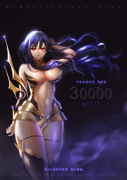 Anime picture 3000x4244 with silvester single long hair tall image looking at viewer fringe highres breasts light erotic red eyes large breasts blue hair wind adjusting hair girl navel armor