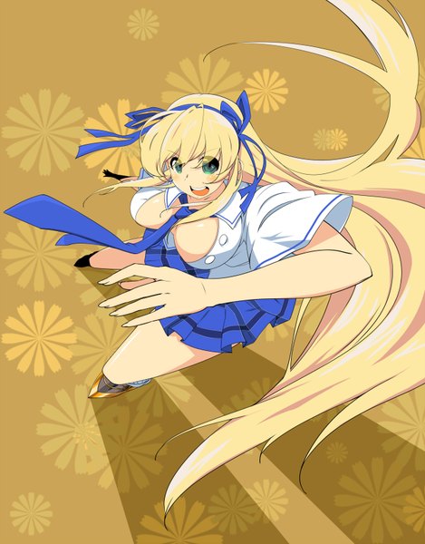 Anime picture 1300x1662 with senran kagura katsuragi (senran kagura) firo single long hair tall image blush breasts open mouth light erotic blonde hair green eyes girl skirt miniskirt necktie hairband blue skirt