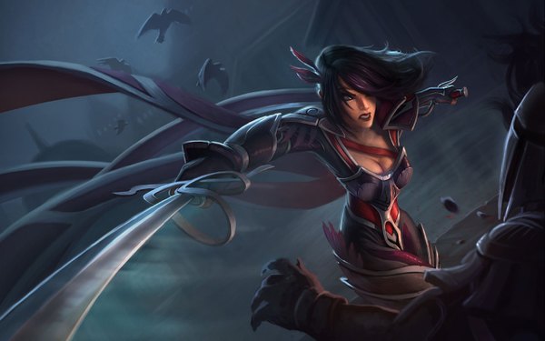 Anime picture 1280x800 with league of legends fiora (league of legends) single fringe short hair black hair wide image hair over one eye battle girl gloves weapon animal hairband armor bird (birds) dagger epee