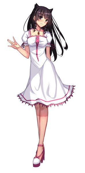 Anime-Bild 1627x3301 mit original musynexsk single long hair tall image looking at viewer blush simple background brown hair white background brown eyes animal ears cat ears high heels girl dress white dress necklace