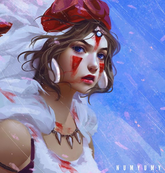 Anime picture 800x840 with mononoke hime studio ghibli san numyumy single tall image looking at viewer fringe short hair blue eyes brown hair parted lips lips face paint girl earrings fur headband cape mask