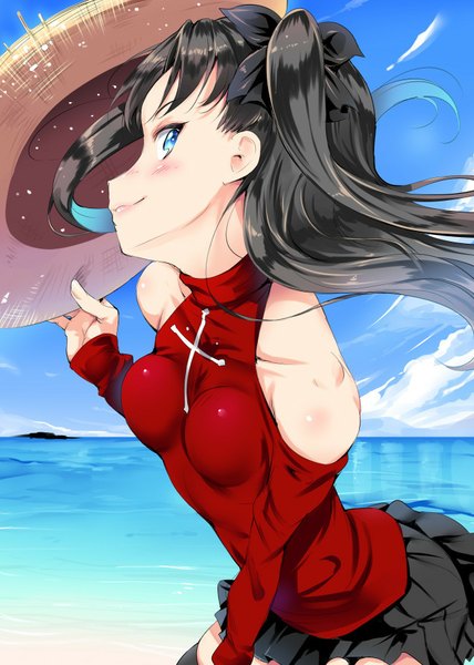 Anime picture 647x906 with fate (series) fate/stay night type-moon toosaka rin shiranagi single long hair tall image looking at viewer blush fringe breasts blue eyes black hair smile standing twintails bare shoulders holding blue hair