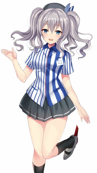Anime picture 1000x1784 with kantai collection lawson kashima training cruiser harimoji single long hair tall image looking at viewer blush open mouth blue eyes simple background white background silver hair girl skirt uniform miniskirt shirt socks