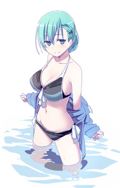 Anime picture 655x1024 with kantai collection suzuya heavy cruiser himura kiseki single tall image looking at viewer fringe breasts light erotic large breasts standing white background green eyes green hair light smile open clothes open jacket bare belly shadow partially submerged