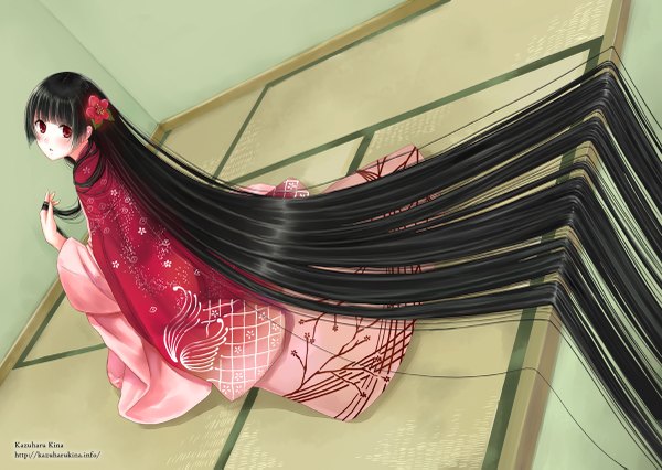 Anime picture 1200x853 with original kazuharu kina single looking at viewer blush fringe black hair red eyes indoors blunt bangs very long hair traditional clothes japanese clothes looking back hair flower from above from behind wide sleeves back hime cut