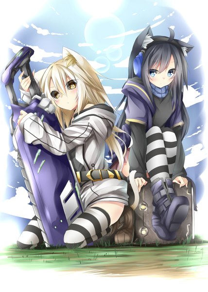 Anime picture 1500x2100 with original chabaneko long hair tall image blush blue eyes black hair blonde hair multiple girls animal ears yellow eyes cloud (clouds) cat ears girl thighhighs weapon 2 girls sword headphones striped thighhighs