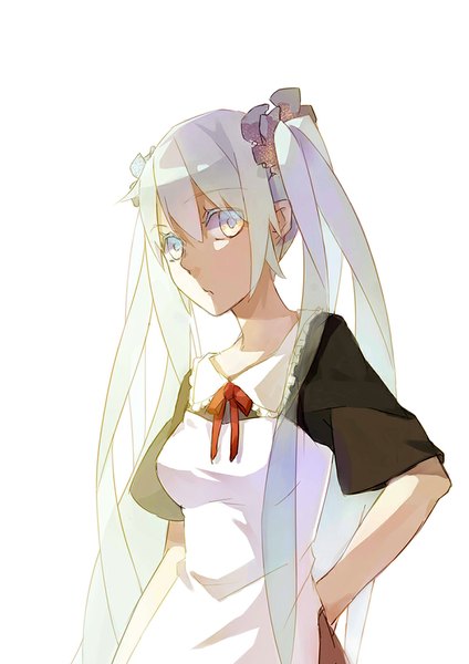 Anime picture 806x1141 with vocaloid hatsune miku momozi (mkingnight) single long hair tall image looking at viewer blush simple background twintails aqua eyes aqua hair girl dress black dress apron