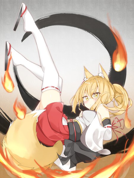 Anime picture 2444x3244 with tensei kyuuketsuki san wa ohirune ga shitai kuzuha (tensei kyuuketsuki) kamioka shun'ya tall image looking at viewer blush fringe highres short hair blonde hair hair between eyes animal ears yellow eyes tail traditional clothes japanese clothes animal tail wide sleeves fox ears fox tail