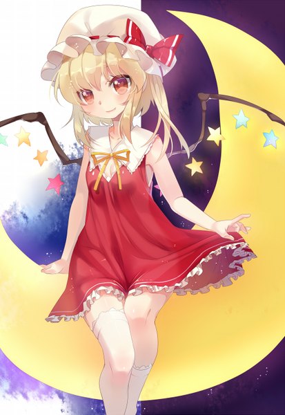 Anime picture 1000x1453 with touhou flandre scarlet mvv single tall image blush short hair blonde hair red eyes looking away symbol-shaped pupils crescent alternate wings girl thighhighs dress bow white thighhighs wings star (symbol)