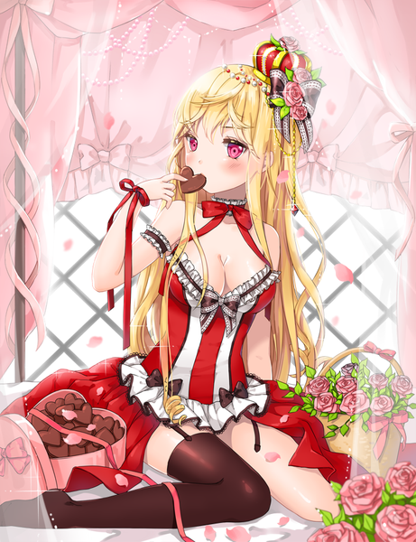 Anime picture 700x910 with sword girls canape single long hair tall image looking at viewer blush fringe breasts light erotic blonde hair sitting bare shoulders bent knee (knees) indoors pink eyes no shoes eating shiny girl