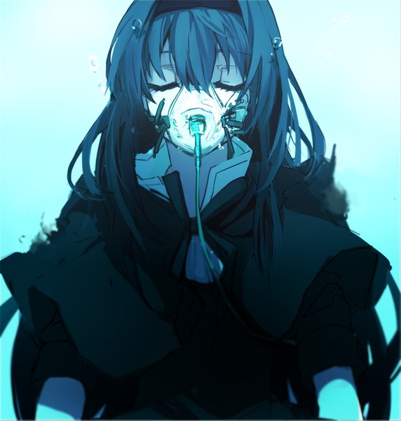 Anime picture 900x944 with mahou shoujo madoka magica shaft (studio) akemi homura homulilly hanyae single long hair tall image fringe simple background hair between eyes blue hair eyes closed blue background underwater sleeping covered mouth girl dress water
