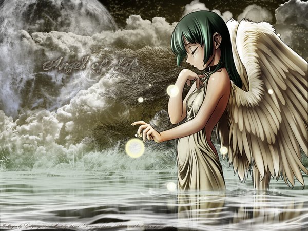 Anime picture 1600x1200 with original tomomimi shimon single long hair cloud (clouds) eyes closed green hair angel girl dress wings water