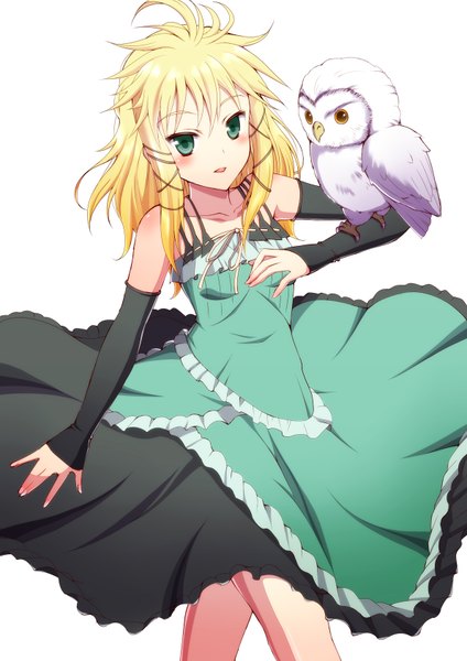 Anime picture 1190x1684 with black bullet kinema citrus tina sprout ookami maito single long hair tall image blush open mouth blue eyes simple background blonde hair white background girl dress detached sleeves animal bird (birds) x hair ornament owl
